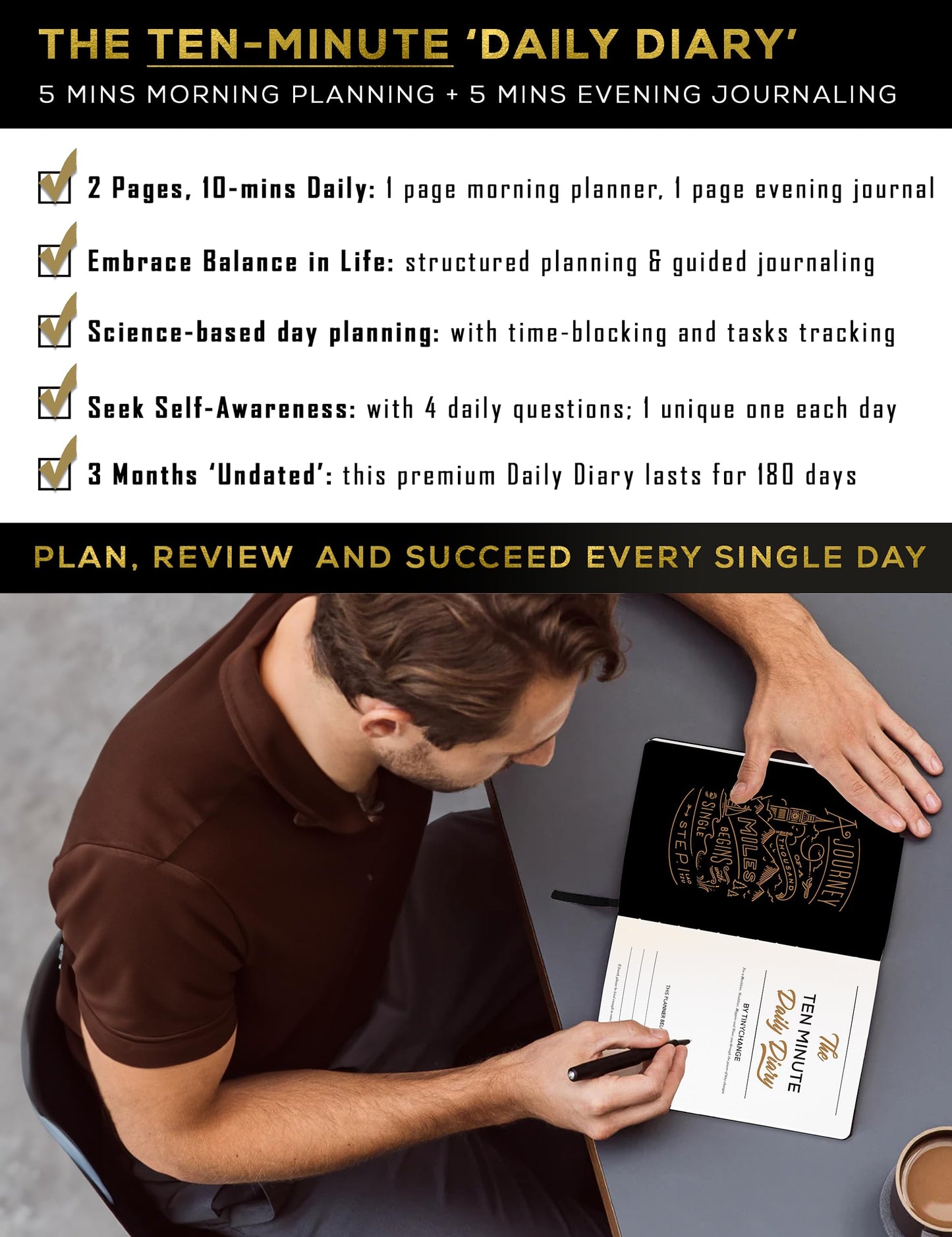 10-Min Daily Diary | 2 Pages-a-day for 3 months | Plan 5mins in Morning + Journal 5mins in the Night | Productivity Planner & Mindfulness Organizer | Free 400 Stickers